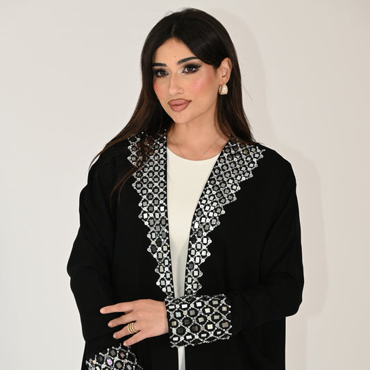 Plain Black Abaya with Silver Beads Hand Embroidery Designs in Front and Wrist Area