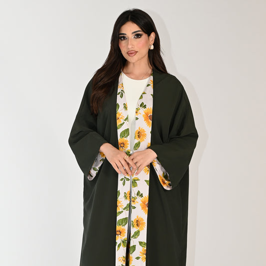 Patterned Abaya with Sunflower Lining - in Olive Green Color