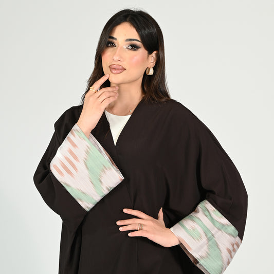 Sage Print Accent Abaya - in Coffee Brown Color