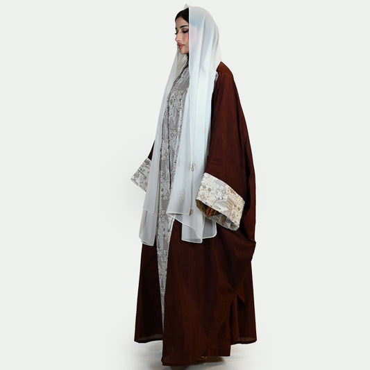Elegant Abaya Set with Geometrical Patterns on Inner Dress, Scarf and Cuffs - in Copper Brown Color