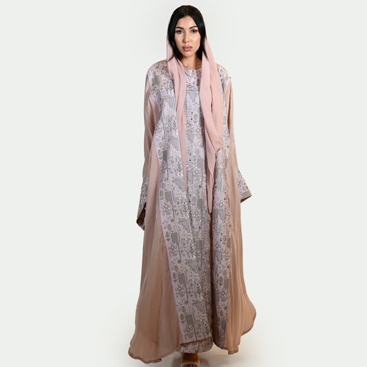 Elegant Abaya Set with Geometrical Patterns on Inner Dress, Scarf and Cuffs - in Old Rose Color