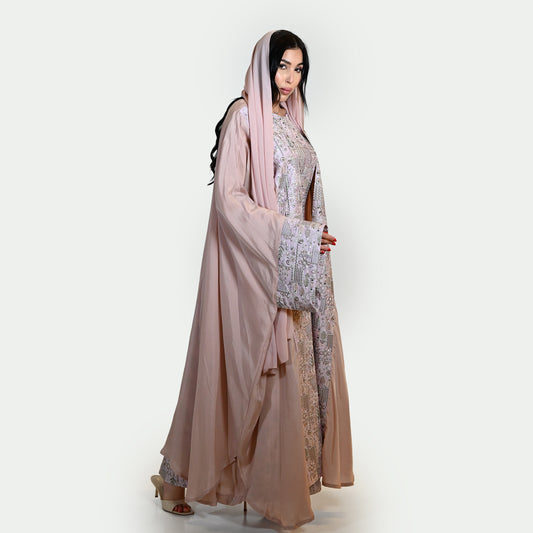 Elegant Abaya Set with Geometrical Patterns on Inner Dress, Scarf and Cuffs - in Old Rose Color