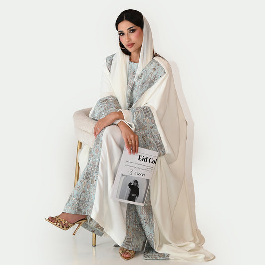 Elegant Abaya Set with Geometrical Patterns on Inner Dress, Scarf and Cuffs - in White Color