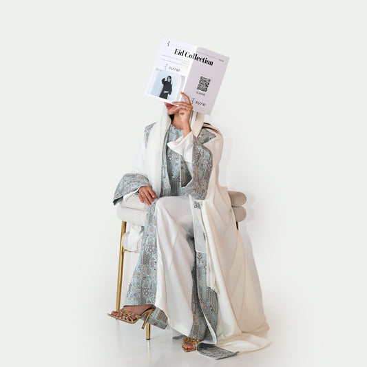 Elegant Abaya Set with Geometrical Patterns on Inner Dress, Scarf and Cuffs - in White Color