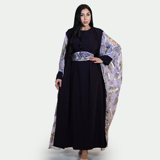 Crepe Abaya Set with Floral Accents on Belt and Sleeves Area, with Plain Inner Dress - In Midnight Purple Color