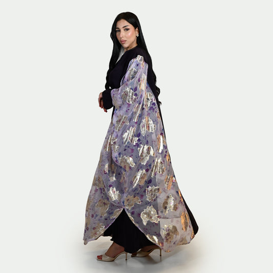 Crepe Abaya Set with Floral Accents on Belt and Sleeves Area, with Plain Inner Dress - In Midnight Purple Color