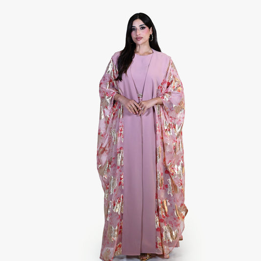 Crepe Abaya Set with Floral Accents on Belt and Sleeves Area, with Plain Inner Dress - In Old Rose Color