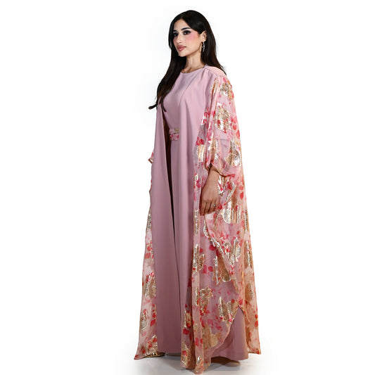 Crepe Abaya Set with Floral Accents on Belt and Sleeves Area, with Plain Inner Dress - In Old Rose Color