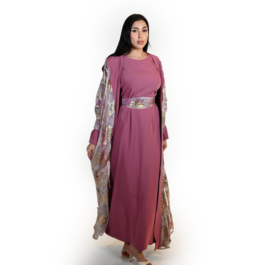 Crepe Abaya Set with Floral Accents on Belt and Sleeves Area, with Plain Inner Dress - in Rose Pink Color