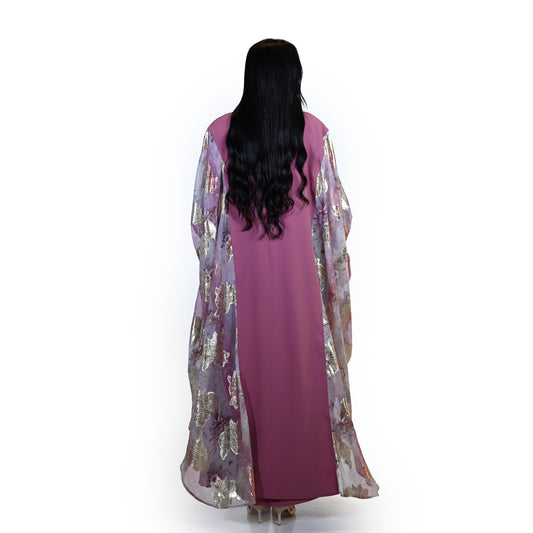 Crepe Abaya Set with Floral Accents on Belt and Sleeves Area, with Plain Inner Dress - in Rose Pink Color