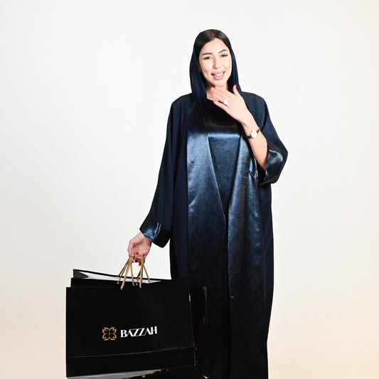 Navy Blue Light Crepe Abaya with Floral Inner Dress and Plain Shayla