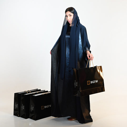 Navy Blue Light Crepe Abaya with Floral Inner Dress and Plain Shayla
