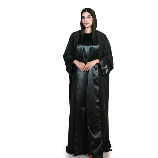 Light Crepe Abaya Set with Dark Green Floral Details, with Silk Floral Inner Dress & Plain Shayla