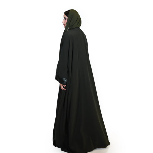 Light Crepe Abaya Set with Dark Green Floral Details, with Silk Floral Inner Dress & Plain Shayla