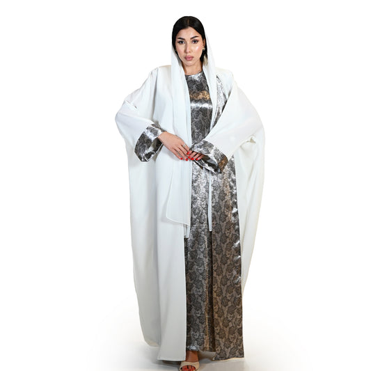 White Light Crepe Abaya with Floral Inner Dress and Plain Shayla