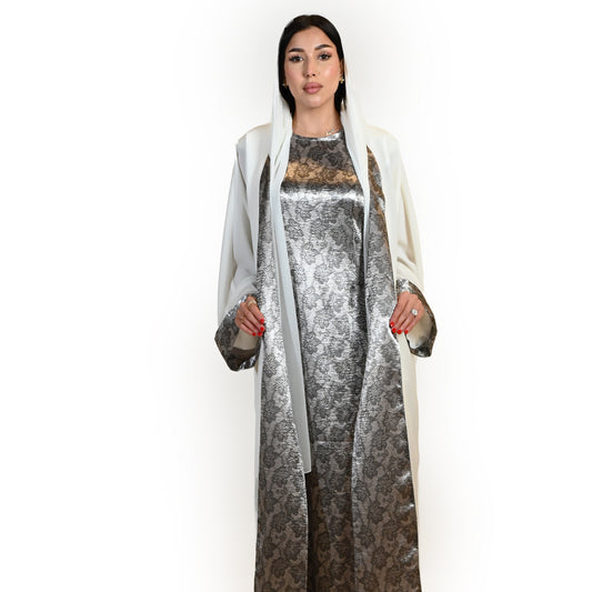 White Light Crepe Abaya with Floral Inner Dress and Plain Shayla