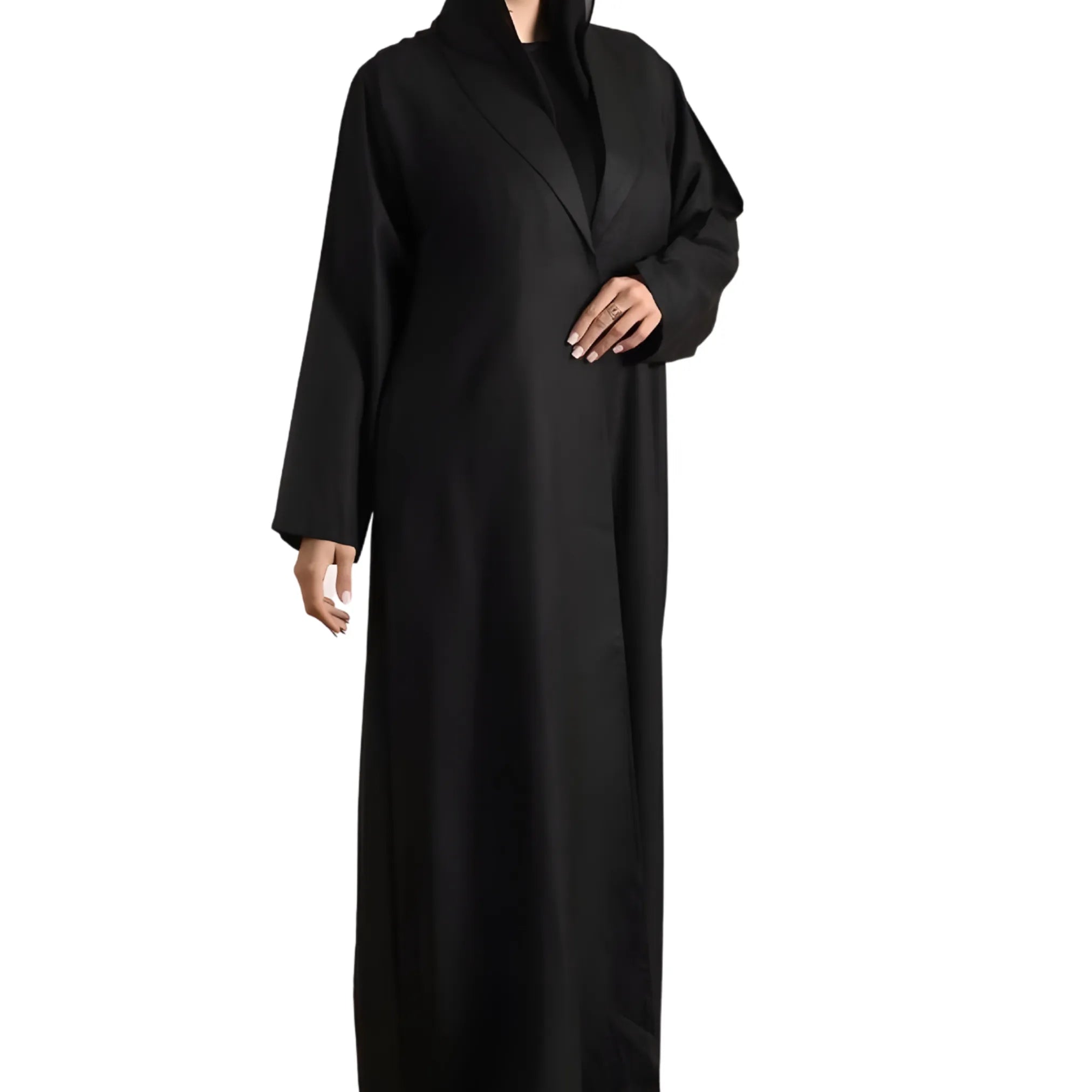 Black abaya worn by a person on a white background