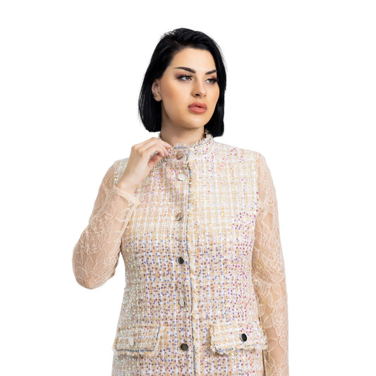 فستان تويد فاخر بأزرار ومطرز بالترتر - بيج مزين بالترتر