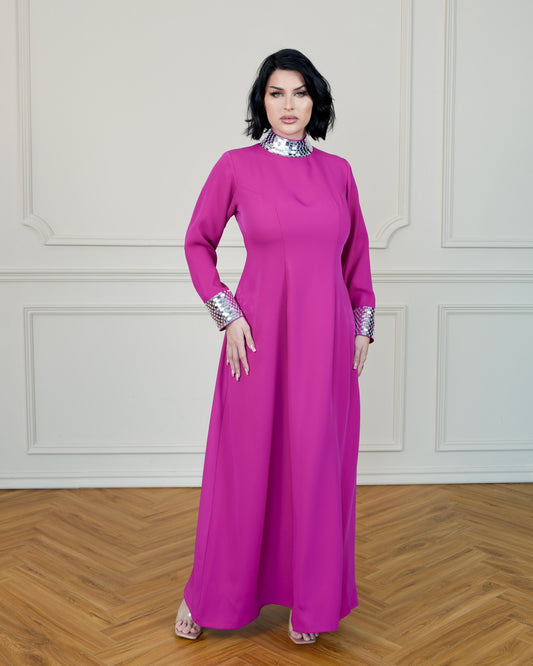 Dress with Silver Beads Design on the Sleeves and Neckline - in Fuchsia Color