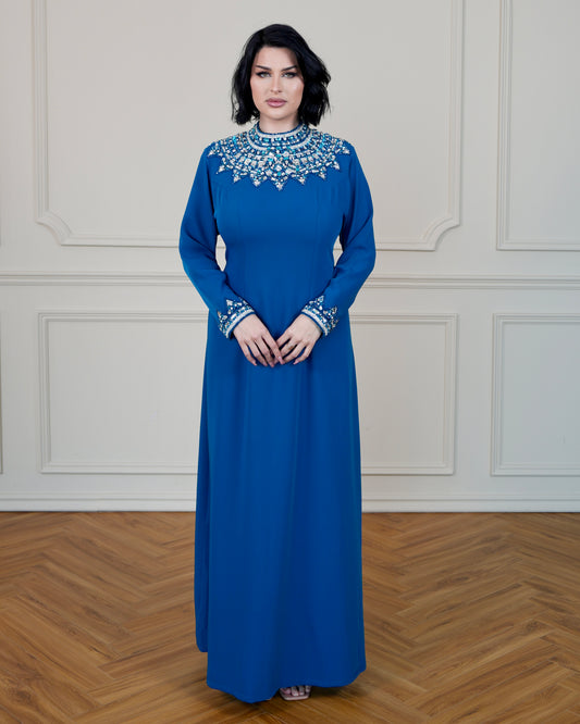 Dress with Heavy Stones Designs on the Sleeves and Neckline - in Petrol Color
