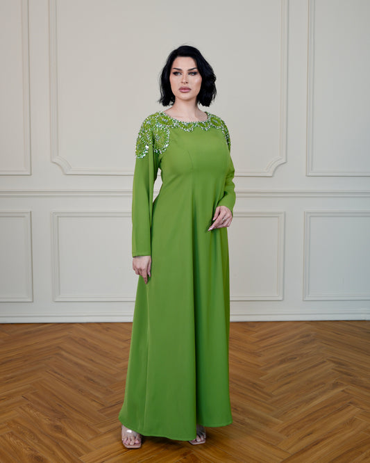 Dress with Silver Beads and Stones Embellishments - in Avocado Green Color