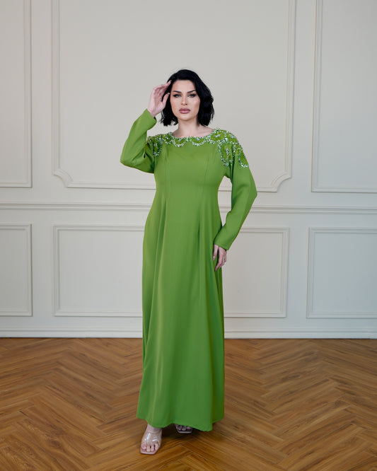 Dress with Silver Beads and Stones Embellishments - in Avocado Green Color