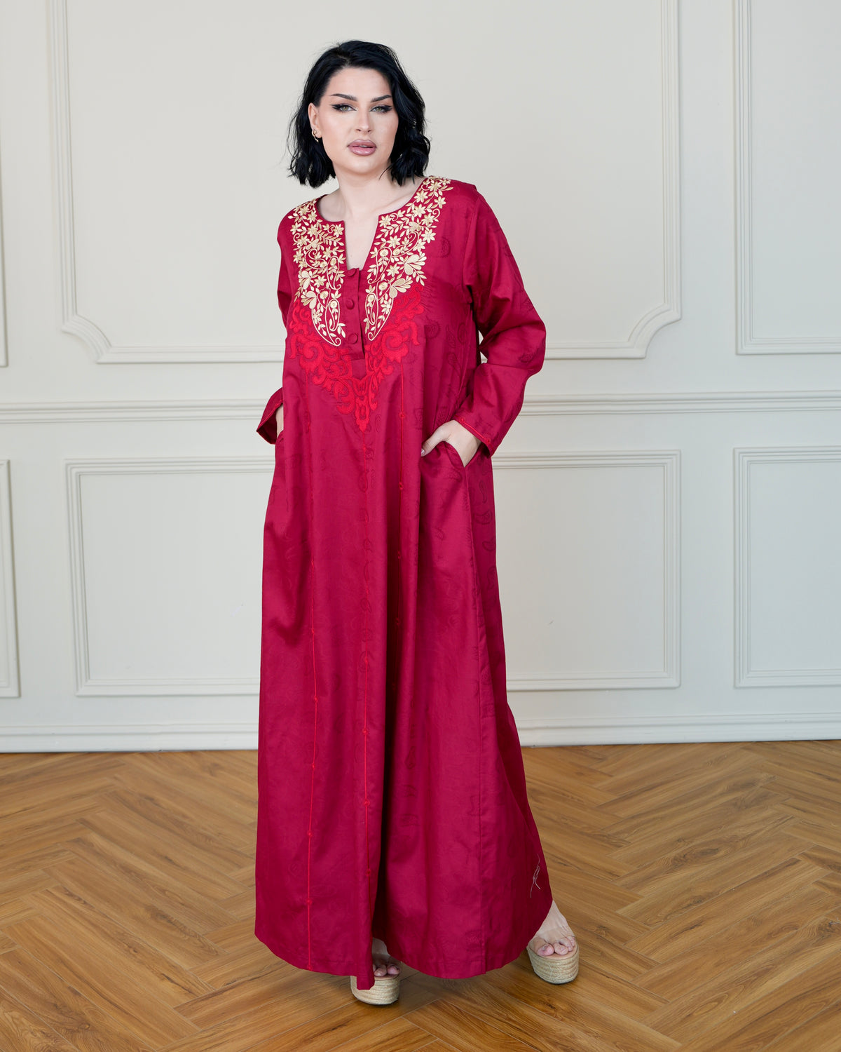 Patterned Burgundy Jalabiya with Beige Floral Front Details
