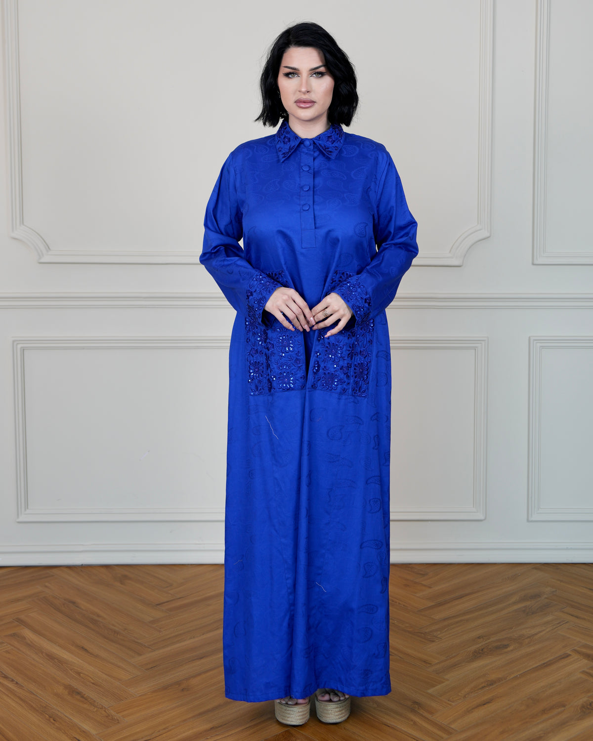Patterned Royal Blue Jalabiya with Embroidered Collar and Pockets