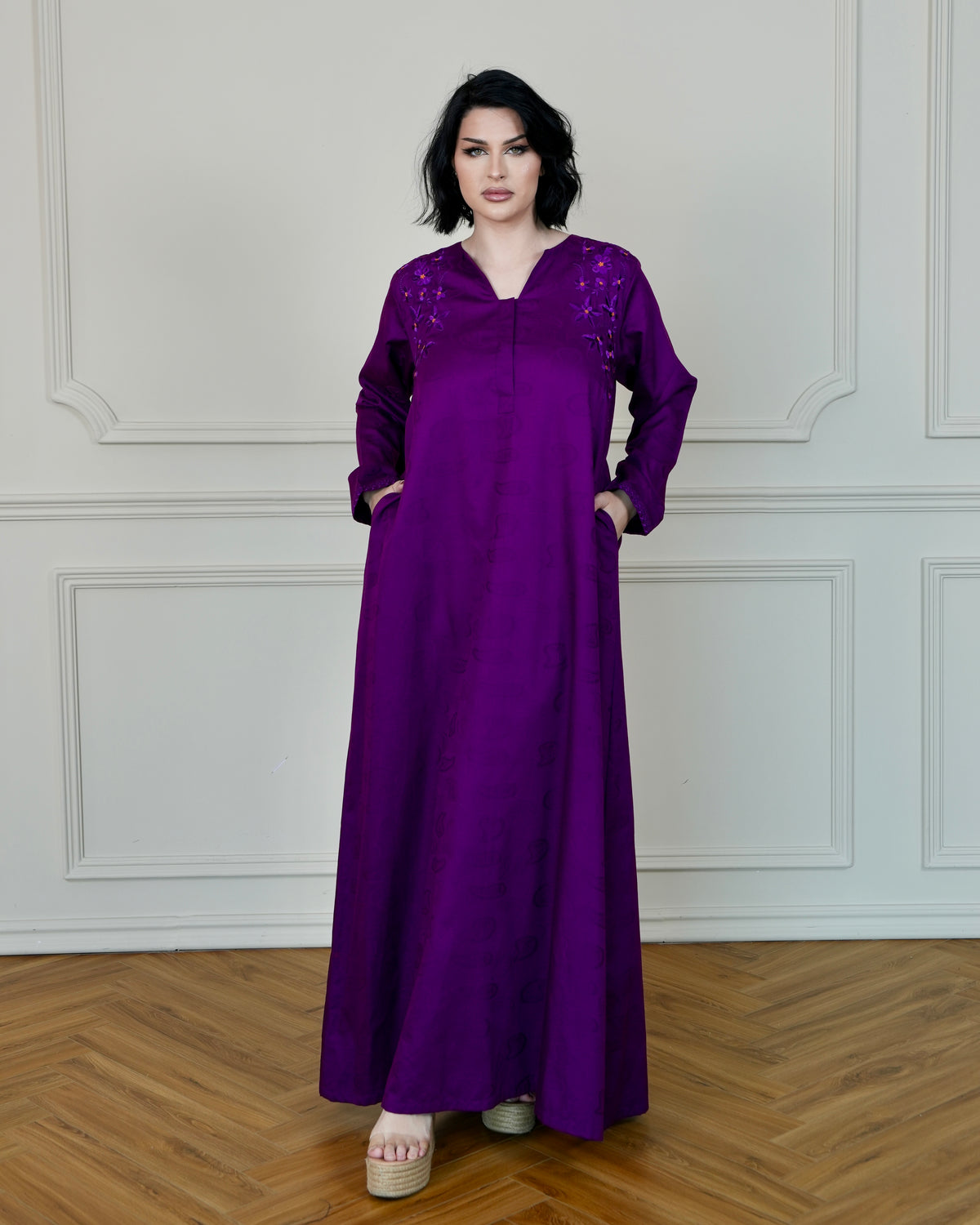 Patterned Dark Purple Jalabiya with Floral Embroidery