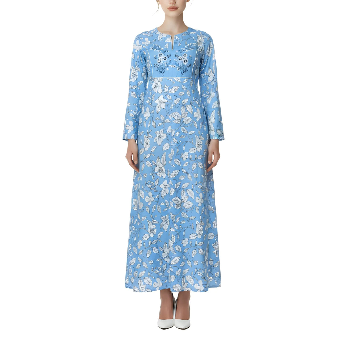 Floral Baby Blue Jalabiya with Front Embroidery and Side Pockets