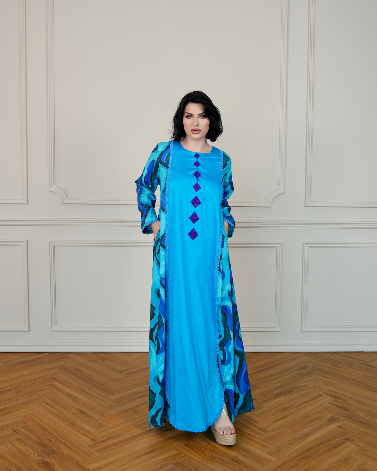 Printed Jalabiya W/Lace & Hand Embroidery Designs, W/Side Pockets