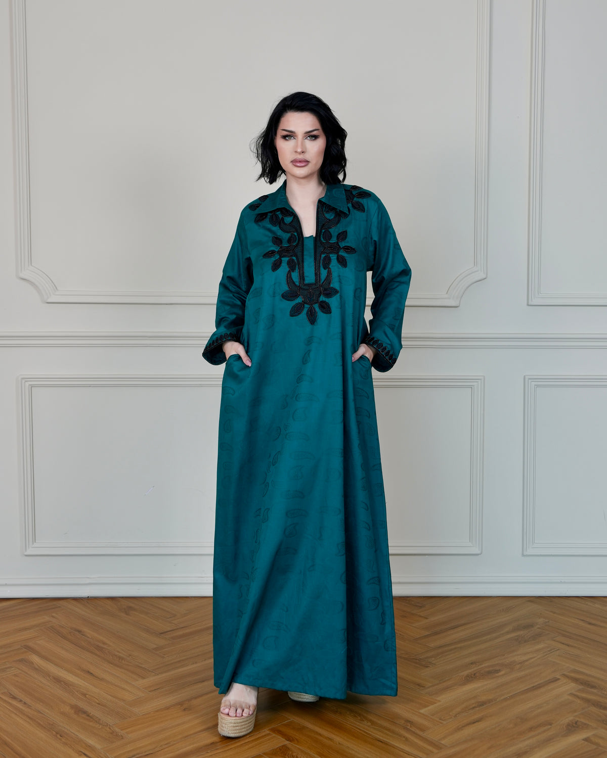 Patterned Jalabiya with Collar and Black Embroidery Details - in Teal Color