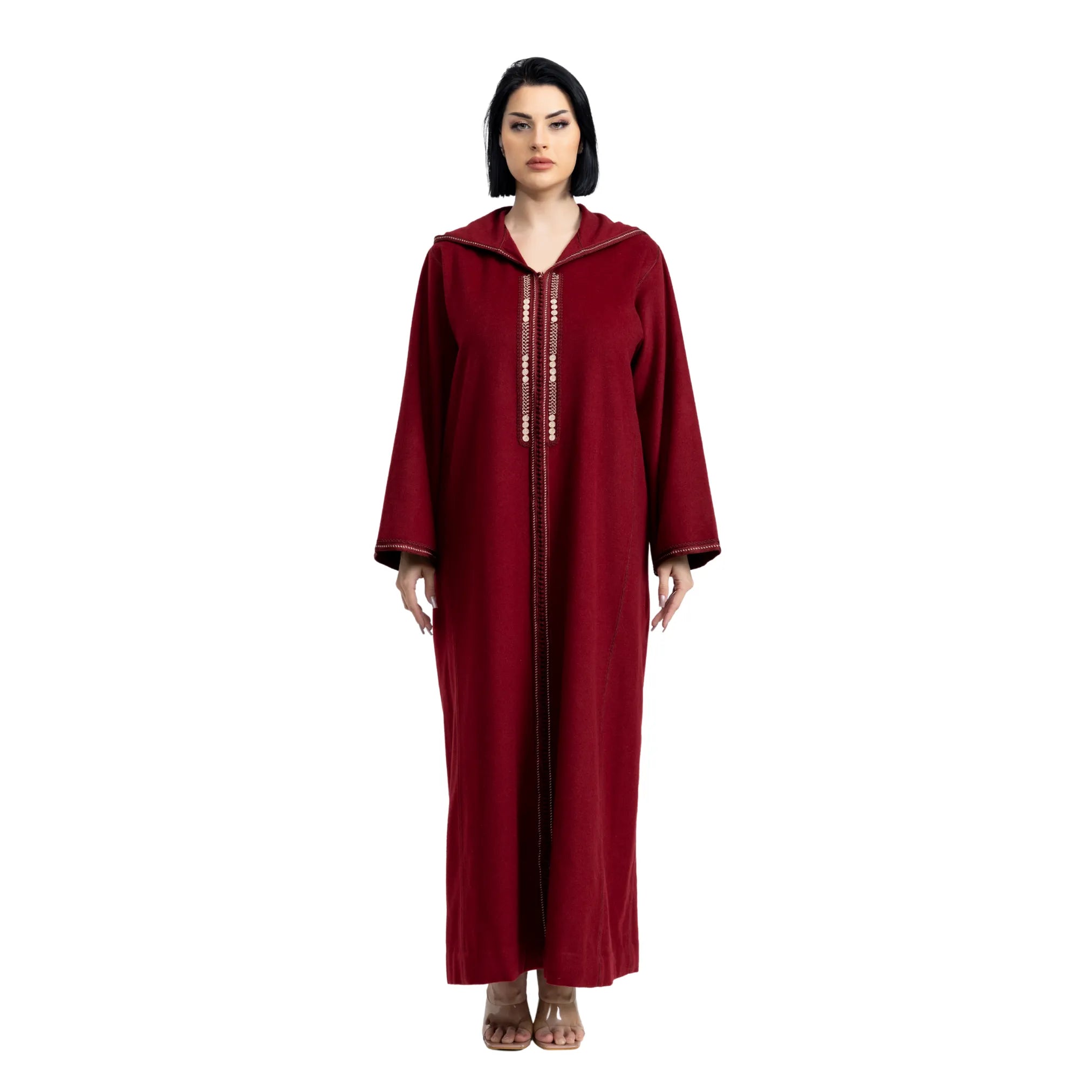 Red Jalabiya with gold accents worn by a model on a white background