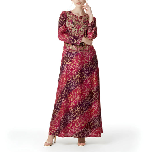 جلابية متعددة الألوان بتطريز يدوي ذهبي كثيف في الأمام