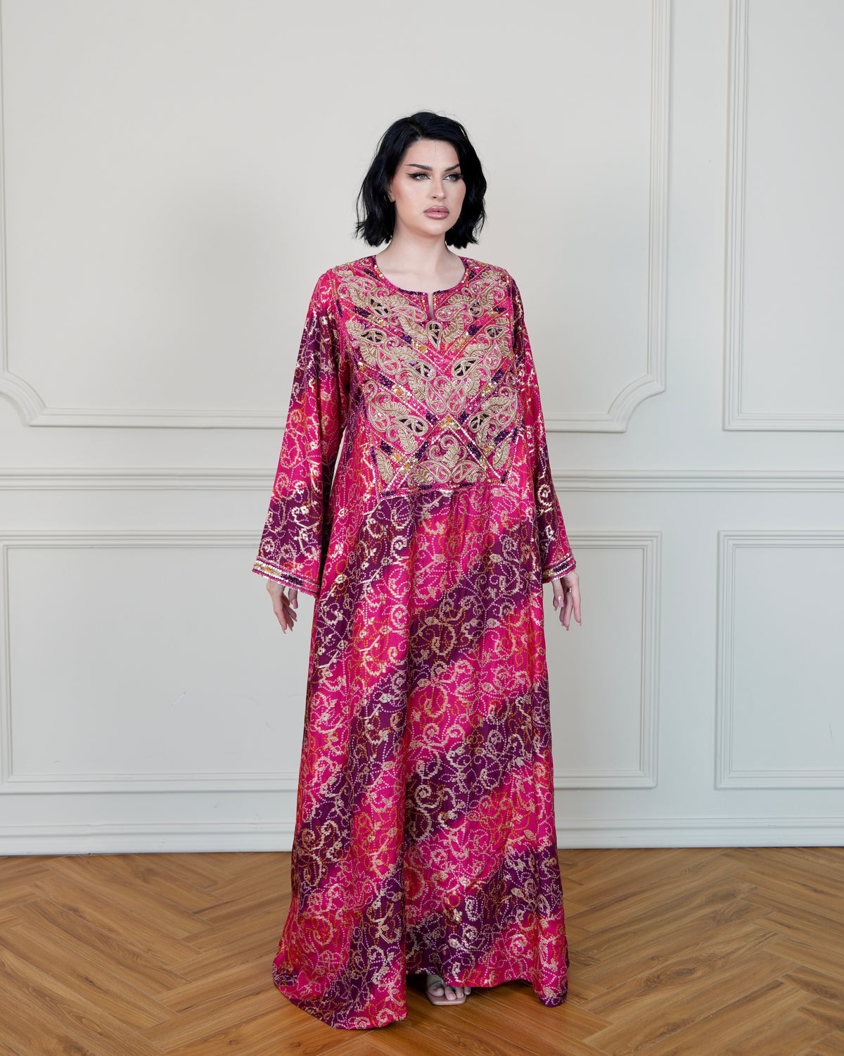 Multicolored Jalabiya W/Heavy Gold Hand Embroidery Details In Front
