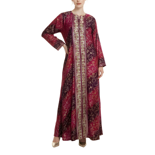 جلابية متعددة الألوان بتطريز يدوي ذهبي كثيف في المنتصف