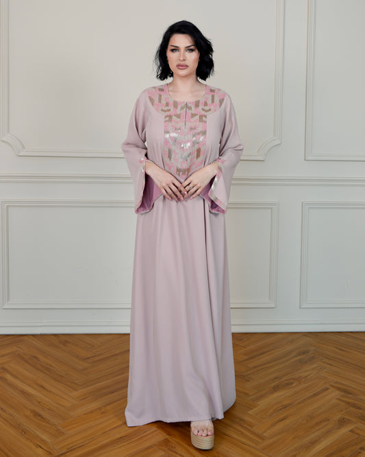 Two-Tone Jalabiya with Hand Embroidery Designs - in Beige Color