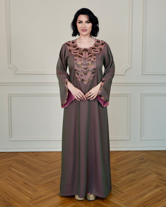 Two-Tone Jalabiya with Hand Embroidery Designs - in Choco Brown Color