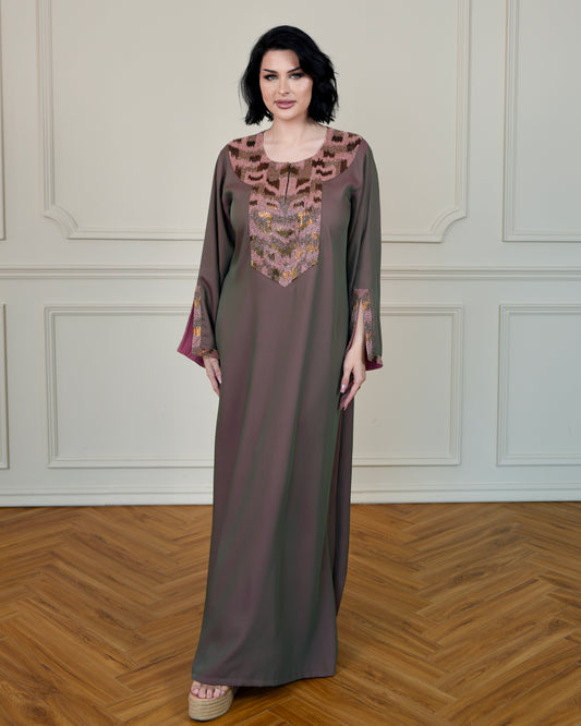 Two-Tone Jalabiya with Hand Embroidery Designs - in Choco Brown Color