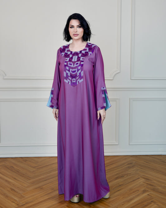 Two-Tone Jalabiya with Hand Embroidery Designs - in Purple Color