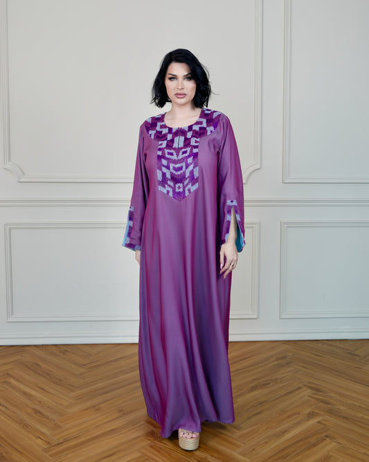 Two-Tone Jalabiya with Hand Embroidery Designs - in Purple Color