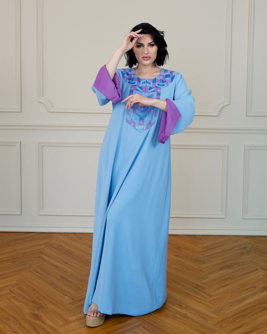 Two-Tone Jalabiya with Hand Embroidery Designs - in Powder Blue Color