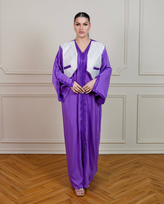 Jalabiya with Vest Style and with Hand Embroidery Designs - in Dark Violet Color