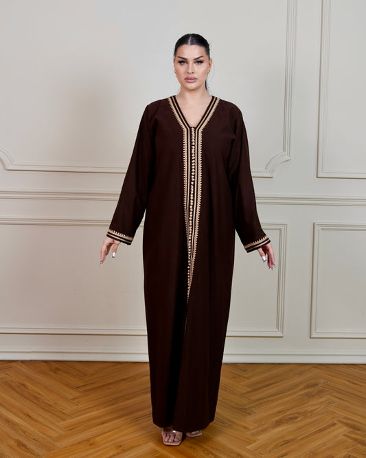 Jalabiya with Beige Hand Embroidery Designs - in Choco Brown Color