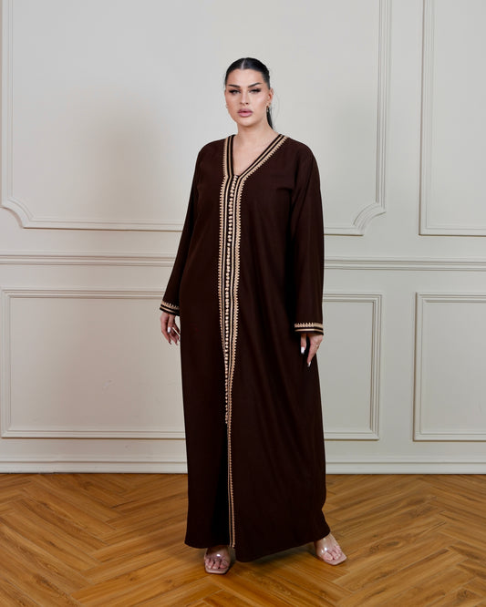 Jalabiya with Beige Hand Embroidery Designs - in Choco Brown Color