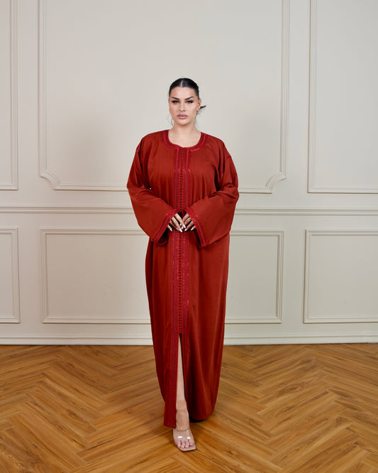 Jalabiya with Hand Embroidery Designs - in Dark Orange Color