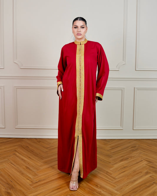 Jalabiya with Intricate Gold Hand Embroidery Designs - in Burgundy Color
