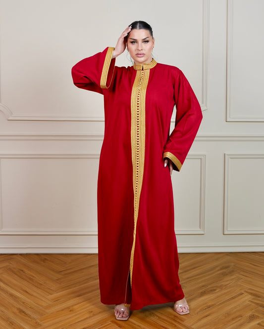 Jalabiya with Intricate Gold Hand Embroidery Designs - in Burgundy Color