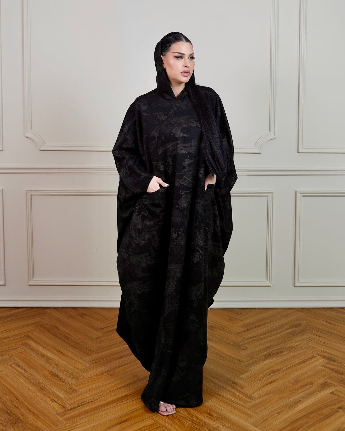 Printed Black Jalabiya with Hoodie and Side Pockets
