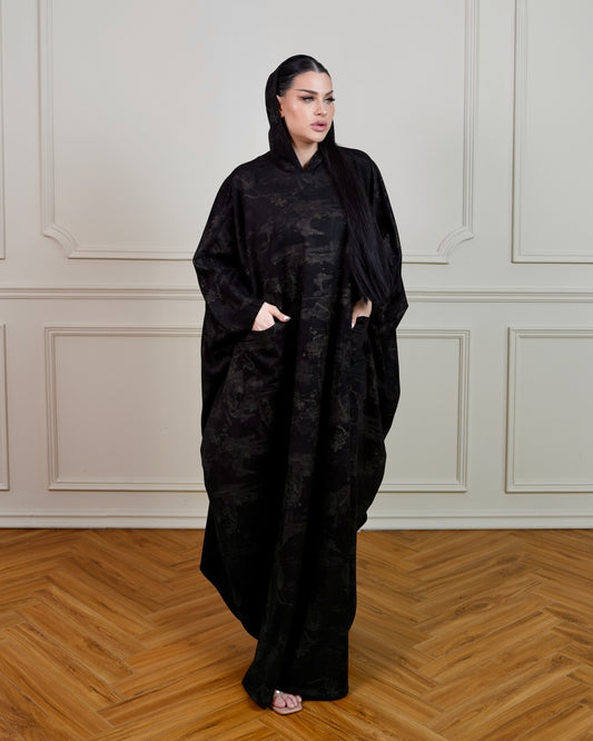 Printed Black Jalabiya with Hoodie and Side Pockets